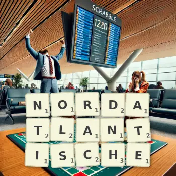 Kreative Illustration für ein Scrabble-Spiel, bei dem das Wort NORDATLANTISCHE mit Steinen auf dem Brett gelegt wurde.