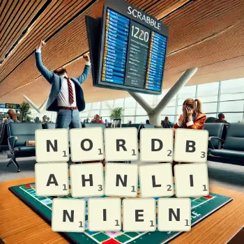 Kreative Illustration für ein Scrabble-Spiel, bei dem das Wort NORDBAHNLINIEN mit Steinen auf dem Brett gelegt wurde.