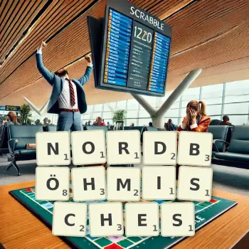 Kreative Illustration für ein Scrabble-Spiel, bei dem das Wort NORDBÖHMISCHES mit Steinen auf dem Brett gelegt wurde.