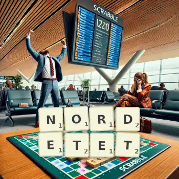 Kreative Illustration für ein Scrabble-Spiel, bei dem das Wort NORDETET mit Steinen auf dem Brett gelegt wurde.