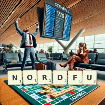 Kreative Illustration für ein Scrabble-Spiel, bei dem das Wort NORDFU mit Steinen auf dem Brett gelegt wurde.