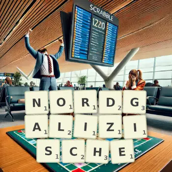 Kreative Illustration für ein Scrabble-Spiel, bei dem das Wort NORDGALIZISCHE mit Steinen auf dem Brett gelegt wurde.