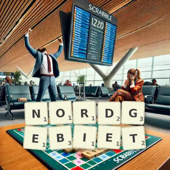 Kreative Illustration für ein Scrabble-Spiel, bei dem das Wort NORDGEBIET mit Steinen auf dem Brett gelegt wurde.
