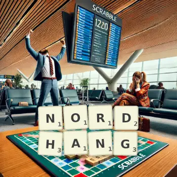 Kreative Illustration für ein Scrabble-Spiel, bei dem das Wort NORDHANG mit Steinen auf dem Brett gelegt wurde.
