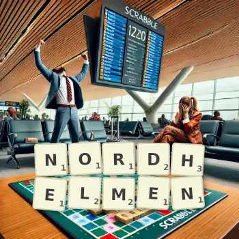 Kreative Illustration für ein Scrabble-Spiel, bei dem das Wort NORDHELMEN mit Steinen auf dem Brett gelegt wurde.