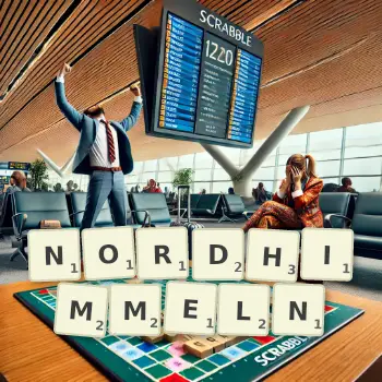Kreative Illustration für ein Scrabble-Spiel, bei dem das Wort NORDHIMMELN mit Steinen auf dem Brett gelegt wurde.
