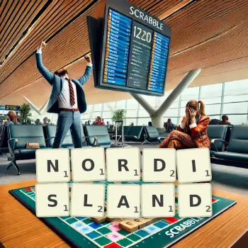 Kreative Illustration für ein Scrabble-Spiel, bei dem das Wort NORDISLAND mit Steinen auf dem Brett gelegt wurde.