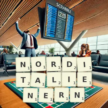 Kreative Illustration für ein Scrabble-Spiel, bei dem das Wort NORDITALIENERN mit Steinen auf dem Brett gelegt wurde.
