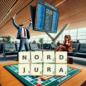 Kreative Illustration für ein Scrabble-Spiel, bei dem das Wort NORDJURA mit Steinen auf dem Brett gelegt wurde.