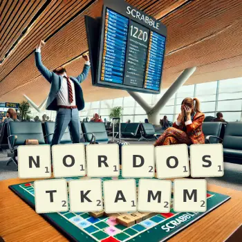 Kreative Illustration für ein Scrabble-Spiel, bei dem das Wort NORDOSTKAMM mit Steinen auf dem Brett gelegt wurde.