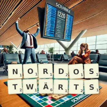 Kreative Illustration für ein Scrabble-Spiel, bei dem das Wort NORDOSTWÄRTS mit Steinen auf dem Brett gelegt wurde.