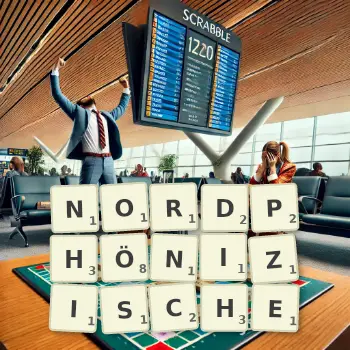 Kreative Illustration für ein Scrabble-Spiel, bei dem das Wort NORDPHÖNIZISCHE mit Steinen auf dem Brett gelegt wurde.