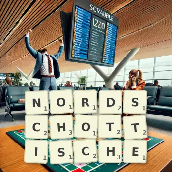 Kreative Illustration für ein Scrabble-Spiel, bei dem das Wort NORDSCHOTTISCHE mit Steinen auf dem Brett gelegt wurde.