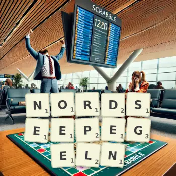 Kreative Illustration für ein Scrabble-Spiel, bei dem das Wort NORDSEEPEGELN mit Steinen auf dem Brett gelegt wurde.