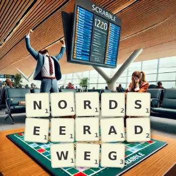 Kreative Illustration für ein Scrabble-Spiel, bei dem das Wort NORDSEERADWEG mit Steinen auf dem Brett gelegt wurde.