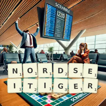 Kreative Illustration für ein Scrabble-Spiel, bei dem das Wort NORDSEITIGER mit Steinen auf dem Brett gelegt wurde.