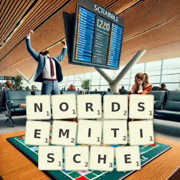 Kreative Illustration für ein Scrabble-Spiel, bei dem das Wort NORDSEMITISCHE mit Steinen auf dem Brett gelegt wurde.
