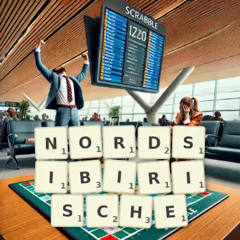Kreative Illustration für ein Scrabble-Spiel, bei dem das Wort NORDSIBIRISCHE mit Steinen auf dem Brett gelegt wurde.