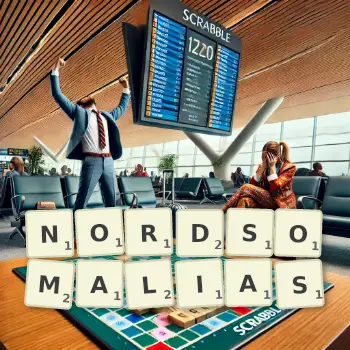 Kreative Illustration für ein Scrabble-Spiel, bei dem das Wort NORDSOMALIAS mit Steinen auf dem Brett gelegt wurde.