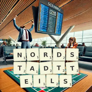 Kreative Illustration für ein Scrabble-Spiel, bei dem das Wort NORDSTADTTEILS mit Steinen auf dem Brett gelegt wurde.
