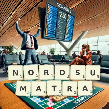Kreative Illustration für ein Scrabble-Spiel, bei dem das Wort NORDSUMATRA mit Steinen auf dem Brett gelegt wurde.
