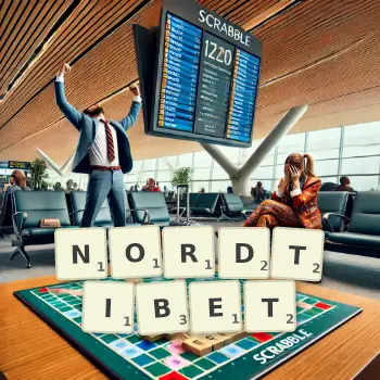 Kreative Illustration für ein Scrabble-Spiel, bei dem das Wort NORDTIBET mit Steinen auf dem Brett gelegt wurde.