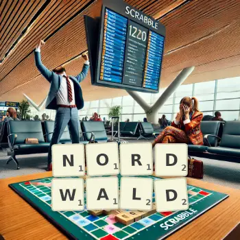 Kreative Illustration für ein Scrabble-Spiel, bei dem das Wort NORDWALD mit Steinen auf dem Brett gelegt wurde.