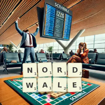 Kreative Illustration für ein Scrabble-Spiel, bei dem das Wort NORDWALE mit Steinen auf dem Brett gelegt wurde.