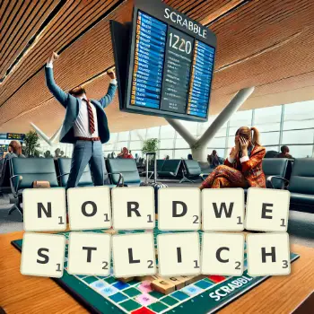 Kreative Illustration für ein Scrabble-Spiel, bei dem das Wort NORDWESTLICH mit Steinen auf dem Brett gelegt wurde.