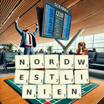 Kreative Illustration für ein Scrabble-Spiel, bei dem das Wort NORDWESTLINIEN mit Steinen auf dem Brett gelegt wurde.