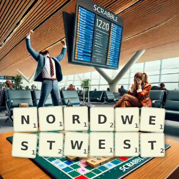 Kreative Illustration für ein Scrabble-Spiel, bei dem das Wort NORDWESTWEST mit Steinen auf dem Brett gelegt wurde.