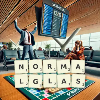 Kreative Illustration für ein Scrabble-Spiel, bei dem das Wort NORMALGLAS mit Steinen auf dem Brett gelegt wurde.