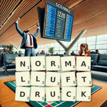 Kreative Illustration für ein Scrabble-Spiel, bei dem das Wort NORMALLUFTDRUCK mit Steinen auf dem Brett gelegt wurde.
