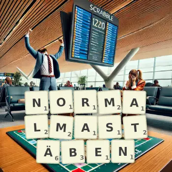 Kreative Illustration für ein Scrabble-Spiel, bei dem das Wort NORMALMASTÄBEN mit Steinen auf dem Brett gelegt wurde.