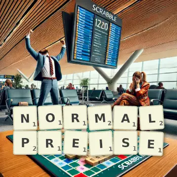 Kreative Illustration für ein Scrabble-Spiel, bei dem das Wort NORMALPREISE mit Steinen auf dem Brett gelegt wurde.