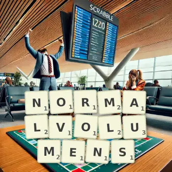 Kreative Illustration für ein Scrabble-Spiel, bei dem das Wort NORMALVOLUMENS mit Steinen auf dem Brett gelegt wurde.