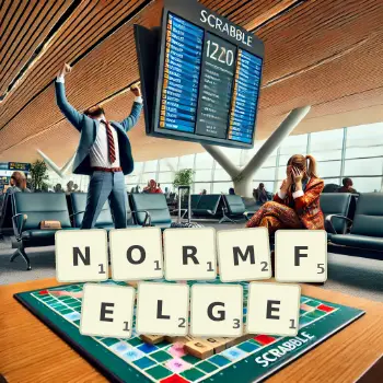 Kreative Illustration für ein Scrabble-Spiel, bei dem das Wort NORMFELGE mit Steinen auf dem Brett gelegt wurde.
