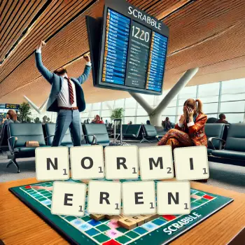 Kreative Illustration für ein Scrabble-Spiel, bei dem das Wort NORMIEREN mit Steinen auf dem Brett gelegt wurde.
