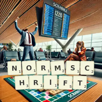 Kreative Illustration für ein Scrabble-Spiel, bei dem das Wort NORMSCHRIFT mit Steinen auf dem Brett gelegt wurde.