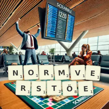 Kreative Illustration für ein Scrabble-Spiel, bei dem das Wort NORMVERSTÖE mit Steinen auf dem Brett gelegt wurde.