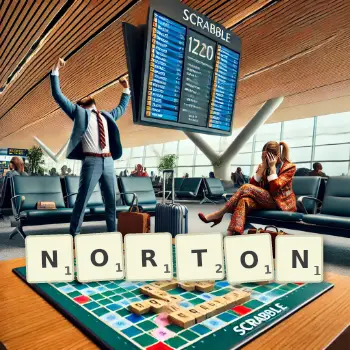 Kreative Illustration für ein Scrabble-Spiel, bei dem das Wort NORTON mit Steinen auf dem Brett gelegt wurde.