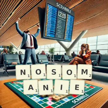 Kreative Illustration für ein Scrabble-Spiel, bei dem das Wort NOSOMANIE mit Steinen auf dem Brett gelegt wurde.