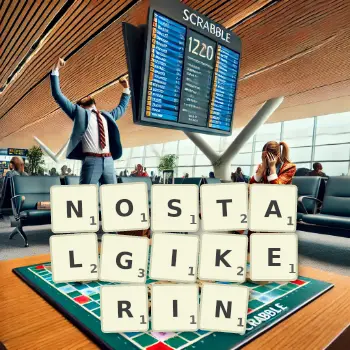 Kreative Illustration für ein Scrabble-Spiel, bei dem das Wort NOSTALGIKERIN mit Steinen auf dem Brett gelegt wurde.