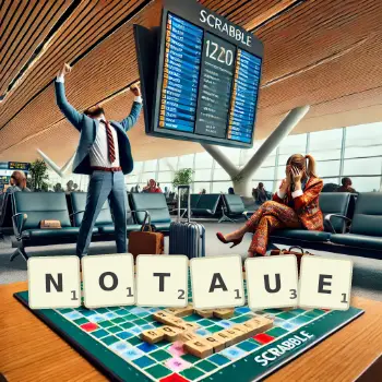 Kreative Illustration für ein Scrabble-Spiel, bei dem das Wort NOTAUE mit Steinen auf dem Brett gelegt wurde.