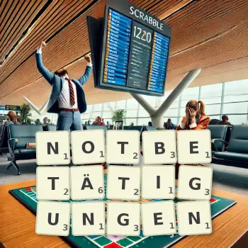 Kreative Illustration für ein Scrabble-Spiel, bei dem das Wort NOTBETÄTIGUNGEN mit Steinen auf dem Brett gelegt wurde.