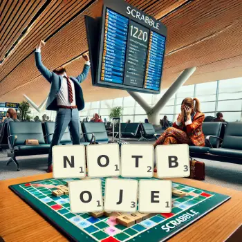 Kreative Illustration für ein Scrabble-Spiel, bei dem das Wort NOTBOJE mit Steinen auf dem Brett gelegt wurde.