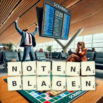 Kreative Illustration für ein Scrabble-Spiel, bei dem das Wort NOTENABLAGEN mit Steinen auf dem Brett gelegt wurde.