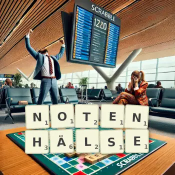Kreative Illustration für ein Scrabble-Spiel, bei dem das Wort NOTENHÄLSE mit Steinen auf dem Brett gelegt wurde.