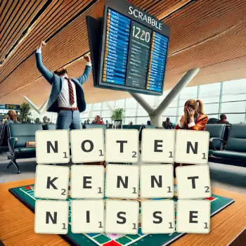 Kreative Illustration für ein Scrabble-Spiel, bei dem das Wort NOTENKENNTNISSE mit Steinen auf dem Brett gelegt wurde.