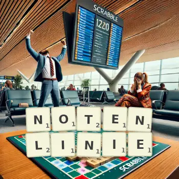 Kreative Illustration für ein Scrabble-Spiel, bei dem das Wort NOTENLINIE mit Steinen auf dem Brett gelegt wurde.